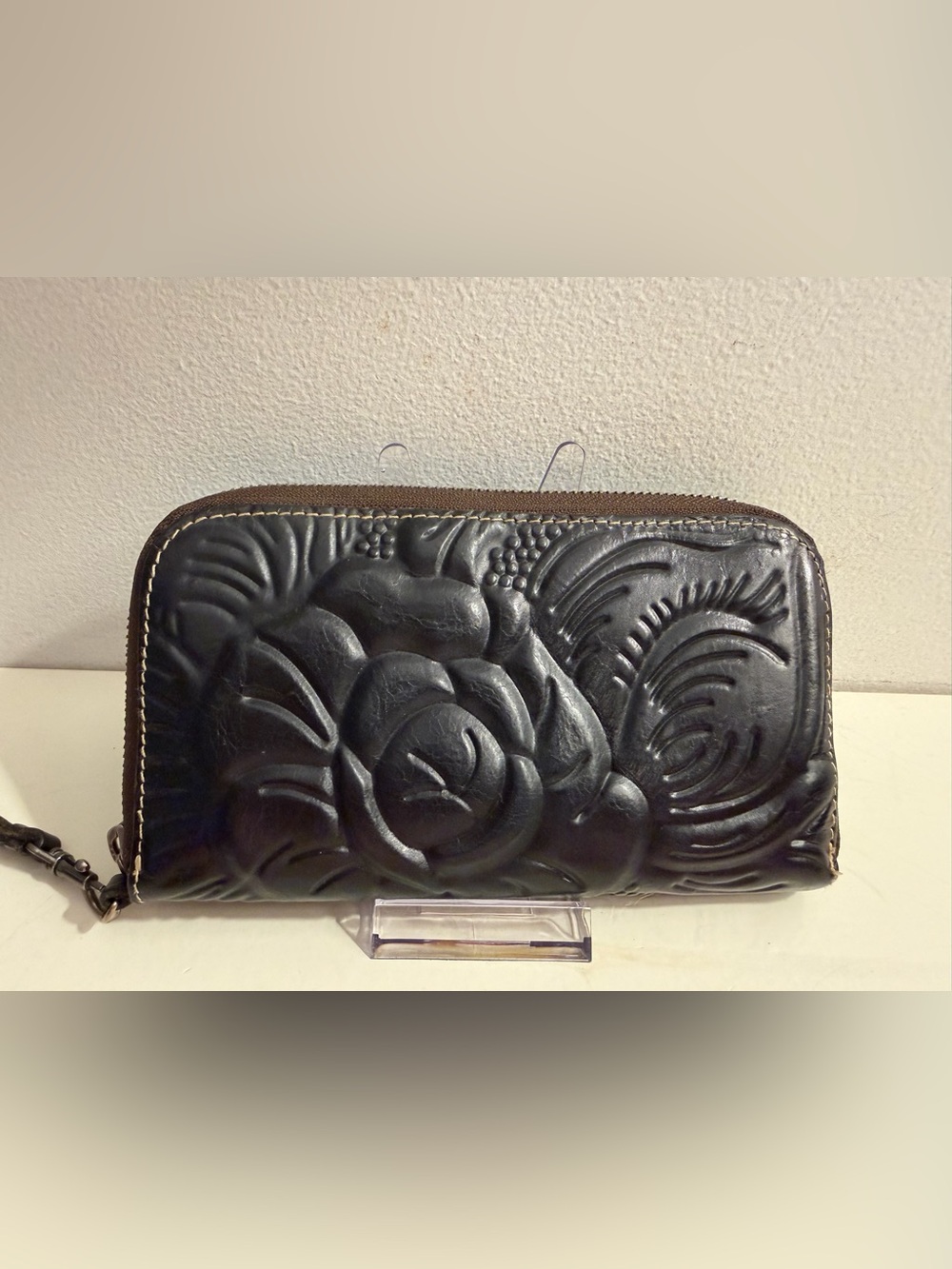 Patricia Nash black wristlet/wallet rose floral tooled embossed leather.
